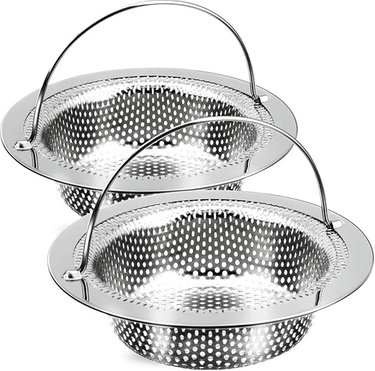 2 Pack Kitchen Sink Drain Strainer with Handle, Stainless Steel Large Kitchen Sink Drain Basket Food Catcher, Outer Diameter 4.5 Inch, Rust Free