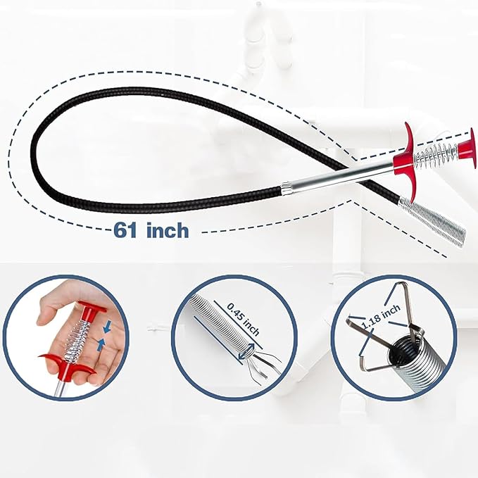 (61 inch) Drain Snake, Drain Clog Remover Tools Cleaner for Toilet Sewer Shower Kitchen Bathroom Tub Clogged Drains Opener Tool, Flexible Grabber Claw Pick Up Reacher Gutter Cleaning
