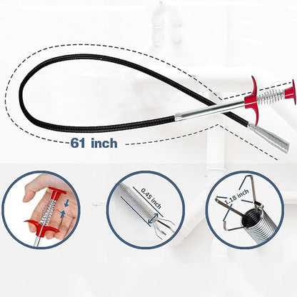 (61 inch) Drain Snake, Drain Clog Remover Tools Cleaner for Toilet Sewer Shower Kitchen Bathroom Tub Clogged Drains Opener Tool, Flexible Grabber Claw Pick Up Reacher Gutter Cleaning