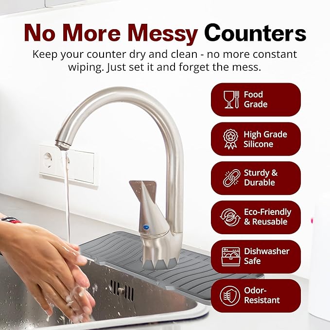 Odrago Silicone Faucet Mat (14"x5.70"x0.59"), Bathroom, Countertop and Kitchen Sink Splash Guard, Anti-Slip Faucet Drip Catcher Tray, 90-Degree Foldable Edge, Sloped Design for Fast Drying, Grey