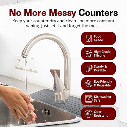 Odrago Silicone Faucet Mat (14"x5.70"x0.59"), Bathroom, Countertop and Kitchen Sink Splash Guard, Anti-Slip Faucet Drip Catcher Tray, 90-Degree Foldable Edge, Sloped Design for Fast Drying, Grey