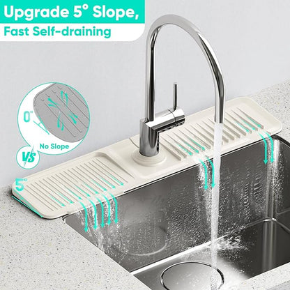 24'' Faucet Mat for Kitchen Sink [5°Slope Fast Self-draining] Faucet Mat Kitchen Sink Splash Guard Silicone Sink Faucet Mat Splash Guard Kitchen Sink Area Tidy Splash Faucet Guard Draining Mat-Beige