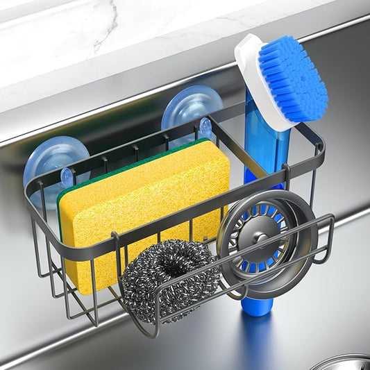 3-in-1 Kitchen Sink Caddy Organizer with Sponge Holder, Brush Holder, Extra Rack for Scrubber, Sink Stopper, Dish Cloth Hanger - Strong Dual Suction Cup, 2.0mm SUS304 Stainless Steel - Grey