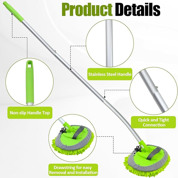 15° Curved Car Wash Brush with Long Handle 43" Extension Cleaning Mop Exterior Interior Carwash Duster 3-Section, 90° Pivoting Extralarge Microfiber Head for Scratch-Free Car, SUV & Truck