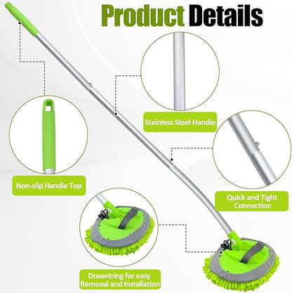 15° Curved Car Wash Brush with Long Handle 43" Extension Cleaning Mop Exterior Interior Carwash Duster 3-Section, 90° Pivoting Extralarge Microfiber Head for Scratch-Free Car, SUV & Truck