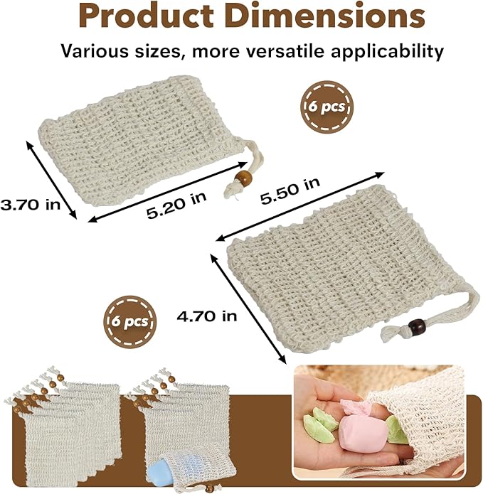 12 PCS Soap Saver Bag, Exfoliating Soap Saver Pouch, Natural Cotton Linen Mesh Soap Bag with Drawstring for Smooth Skin, for Bathing & Facial Cleansing