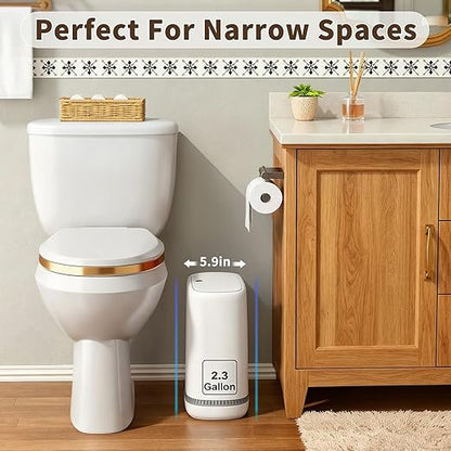 Spreezy Bathroom Trash Can with Lid, 2.3 Gallon/8.6 L Small Trash Can, Pneumatic Adhesion Style Garbage Can for Kitchen, Bedroom, Living Room, Office, Trash Bin Includes 5 Rolls of Trash Bags