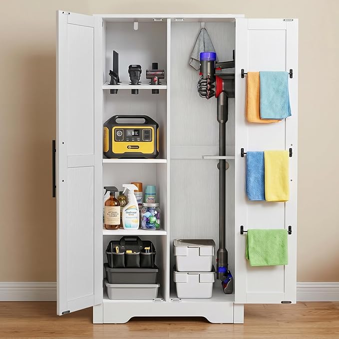 NORTHSKY Wooden Storage Cabinet, Broom Closet & Vacuum Cleaner Storage Compatible with Dyson Vacuum, Utility Cabinet for Brooms and Mops, Cleaning Tool Cabinet w/Doors for Garage, Office, Home (White)