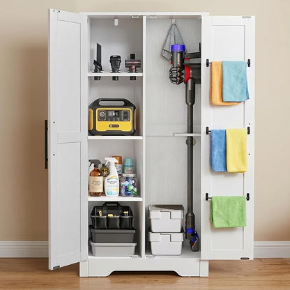 NORTHSKY Wooden Storage Cabinet, Broom Closet & Vacuum Cleaner Storage Compatible with Dyson Vacuum, Utility Cabinet for Brooms and Mops, Cleaning Tool Cabinet w/Doors for Garage, Office, Home (White)