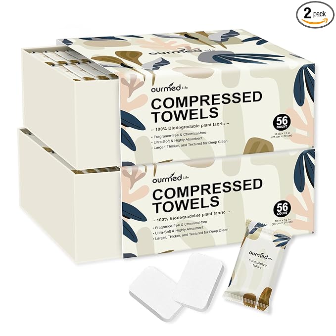 Ourmed Life Compressed Towel Tablets – Portable, Individually Wrapped Disposable Washcloths,Quickly Expand with Water, Soft & Lint-Free, 12‘’x10‘’ for Travel, Camping, Hiking, Backpacking (112 Ct)