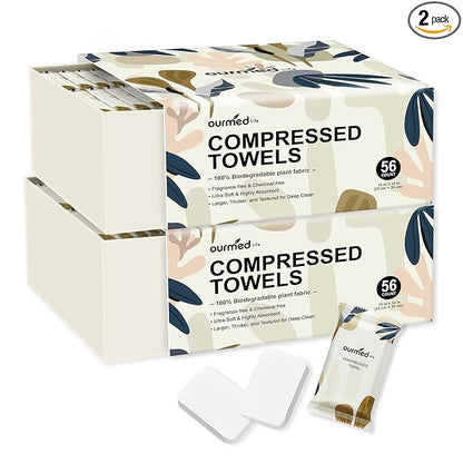 Ourmed Life Compressed Towel Tablets – Portable, Individually Wrapped Disposable Washcloths,Quickly Expand with Water, Soft & Lint-Free, 12‘’x10‘’ for Travel, Camping, Hiking, Backpacking (112 Ct)