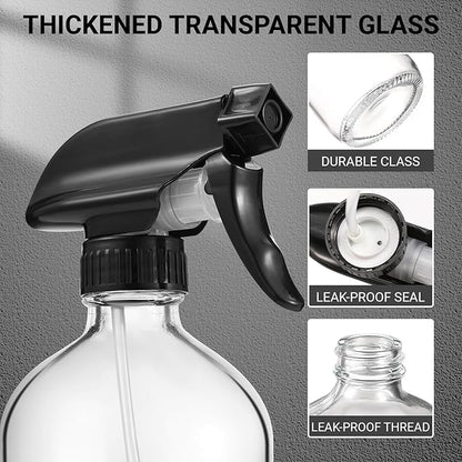 3 Pcs 16oz Empty Glass Spray Bottle with Black Silicone Sleeve Protection - Refillable Boston Round Containers with Adjustable Nozzle for Cleaning Solutions, Essential Oils, Misting Plants, Gardening