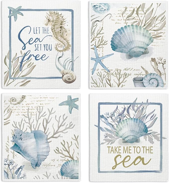 Beach Swedish Dishcloths for Kitchen, 4 Pack Watercolor Dish Towels for Kitchen, Blue Swedish Dish Cloths, Reusable Paper Towels Washable, Sponge Cloths