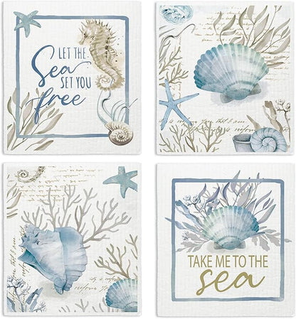 Beach Swedish Dishcloths for Kitchen, 4 Pack Watercolor Dish Towels for Kitchen, Blue Swedish Dish Cloths, Reusable Paper Towels Washable, Sponge Cloths