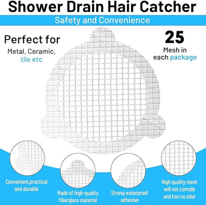 25 PCS Disposable Shower Drain Hair Catcher 3.54 Inches Round Drain Hair Catcher Stickers for Bath & Kitchen - Hair Catcher Shower Drain Cover for Human & Pet Hair - Mesh for Bathtub & Laundry