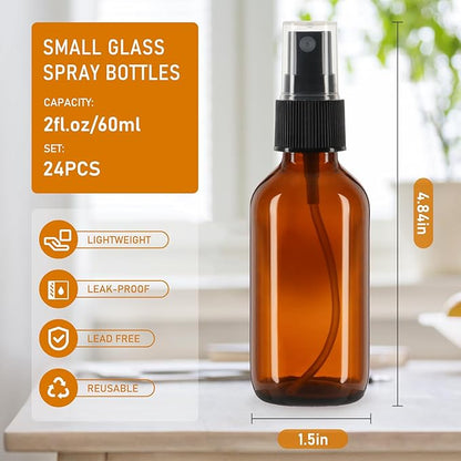 2 oz Glass Spray Bottles 24 Pack, Amber Leakproof with Concentrated Fine Mist Sprayer, Durable Refillable Containers for Perfumes, Pet Spray, Essential Oils, Face Mist - Great Value Set, Travel Size