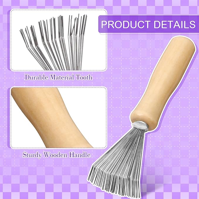 Boao 2 Pieces Hair Brush Cleaning Tool Comb Cleaner Brush Mini Comb Cleaning Hair Remover Tool for Removing Dust Home and Salon Use(Purple, Wood Color,Polished Wooden Handle Rake)