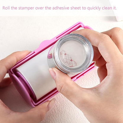Nail Stamper Sticky Cleaner Roll with Case, Adhesive Paper Stickers for Stamping Gel Polish Removal, Lint Roll Cleaning Sheets, Nail Stamper Accessories Manicure Salon Supplies (Pink)