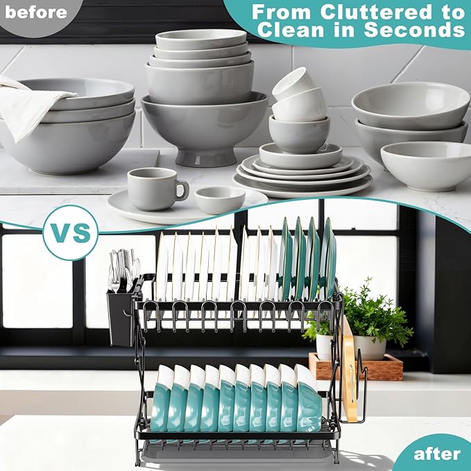 2-Tier Dish Racks for Kitchen Counter, Stainless Steel Kitchen Dish Drying Rack Large Dish Drainers for Kitchens Counter, Space Saving Dishes Strainer for Bowl, Plate, Cup - Modern Counter Organizer