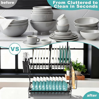 2-Tier Dish Racks for Kitchen Counter, Stainless Steel Kitchen Dish Drying Rack Large Dish Drainers for Kitchens Counter, Space Saving Dishes Strainer for Bowl, Plate, Cup - Modern Counter Organizer