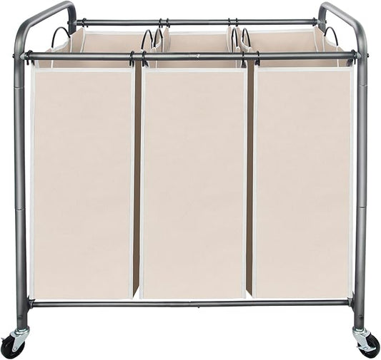 STO STO Laundry Sorter 3 Section, 3 Bag Clothes Hamper, Rolling Laundry Cart Basket with Heavy Duty Lockable Wheels and Removable Bag for Laundry Room, Bedroom, Closet, Beige
