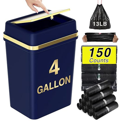 Bathroom Trash Can with Lid 4 Gallon Trash Can Navy Blue Trash Cans with Press Top Lid Bedroom Trash Can Small Garbage Can with 150 Counts Trash Bags for Small Bathroom Bedroom Office