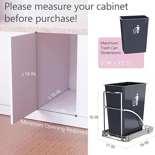 Turokacase Pull Out Trash Can Under Cabinet with Soft-Close & Bionic Anti-Rust Coating, Heavy-Duty 120 lbs Sliding Garbage Bin Holder for 7-10 Gallon Cans, Fits Min. 13" W x 18" D x 18" H Cabinets