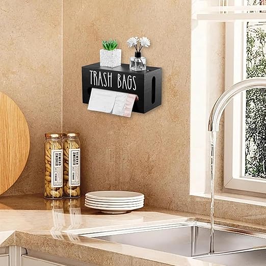 Trash Bag Dispenser, Wall Mount Trash Bag Holder Dispenser with Lid Wooden Kitchen Trash Bag Roll Organizer Plastic Garbage Bag Storage for Cabinet. (Black)