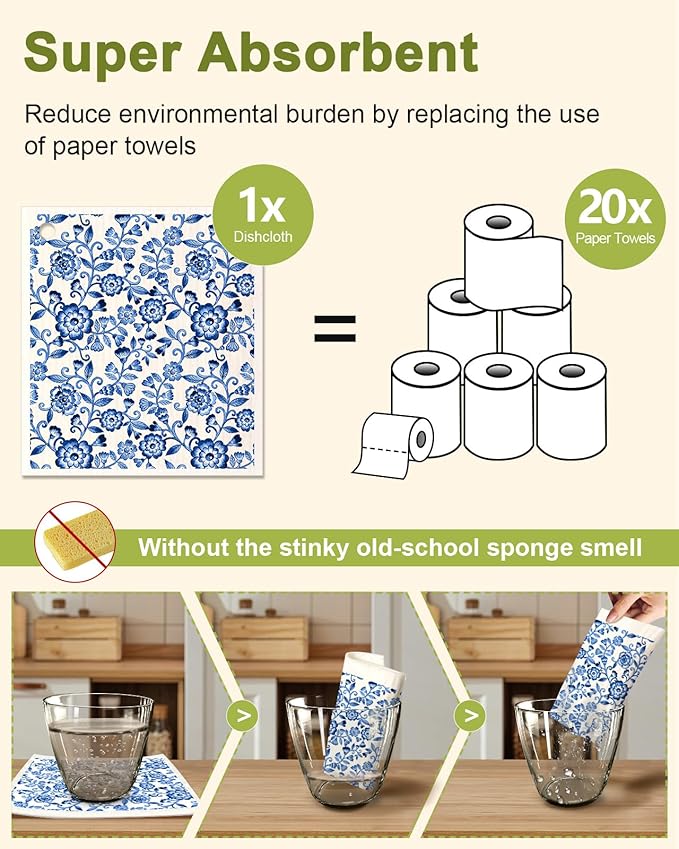 Miss Adola 6 Pack Swedish Dishcloths for Kitchen - Reusable Dish Cloths for Washing Dishes Absorbent Cute Funny Kitchen Towels Cleaning Sponge, Blue Floral