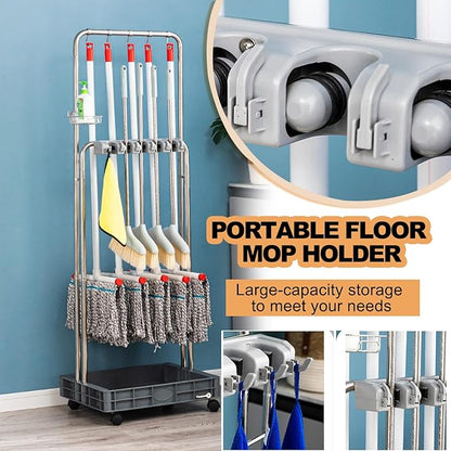 SARKEY Mobile Broom Mop Holder,Broom Mop Holder Cleaning Supplies Organizer,Freestanding Housekeeping Storage With Hanging Hooks Drip Tray,For Garden,Utility Rooms(65x50x175cm(25x20x69in))
