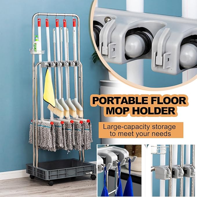 SARKEY Mobile Broom Mop Holder,Broom Mop Holder Cleaning Supplies Organizer,Freestanding Housekeeping Storage With Hanging Hooks Drip Tray,For Garden,Utility Rooms(104x50x175cm(41x20x69in))