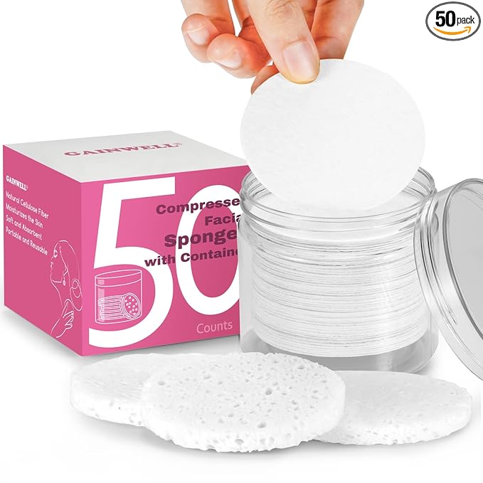 GAINWELL 50-Count Compressed Facial Sponges with Storage Container, for Facial Cleansing, Reusable Makeup Remover, Portable, Suitable for Travel, White