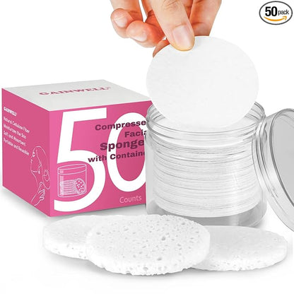 GAINWELL 50-Count Compressed Facial Sponges with Storage Container, for Facial Cleansing, Reusable Makeup Remover, Portable, Suitable for Travel, White