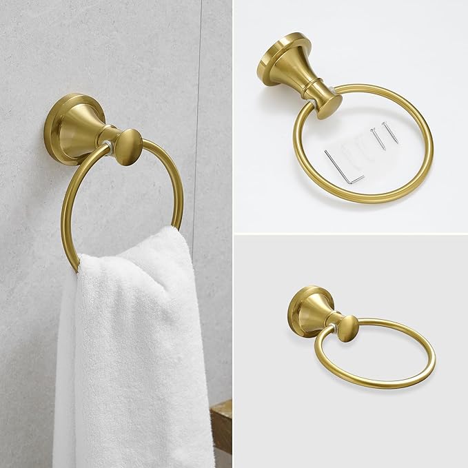RUMOSE Toilet Paper Holder and Hand Towel Ring Brushed Gold Wall Mount Bathroom Hardware Accessories 2 PCS Set Flexible Pivoting Toilet Tissue Roll Holder and Towel Hanger, Stainless Steel
