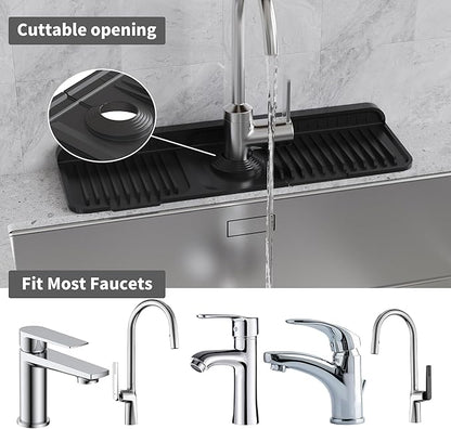 WAFT YEARN 17X5 Inch Silicone Durable Faucet Mat Kitchen Sink Splash Guard Draining Protector Tray Liner Absorbent Protective Counter Accessories For Sink Kitchen Bathroom Laundry Room Bar & RV Black