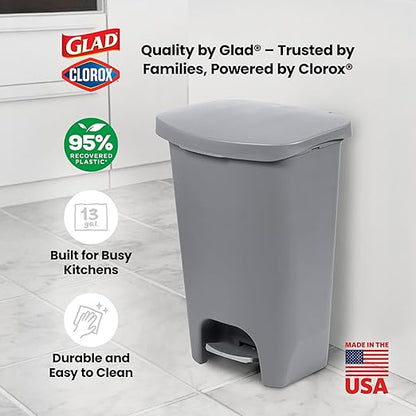 Glad Kitchen Trash Can | Large Plastic Waste Bin with Odor Protection of Lid | Hands Free with Step On Foot Pedal and Garbage Bag Rings, 13 Gallon, Grey