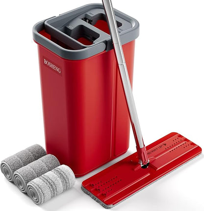 BOSHENG Mop and Bucket with Wringer Set, Flat Mop and Bucket, Squeeze Floor Mop with 3 Washable Microfiber Mops, Wet and Dry Use, Household Cleaning Tools, for Hardwood Floor, Laminate, Tile