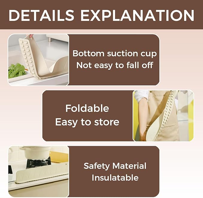 3 Pcs Silicone Sink Splash Guard for Kitchen Sink, Non-Slip Strong Suction Splash Protector, Durable & Easy Clean Splash Guard for Sink, Dishwasher Safe, 16 inch (Cream White)