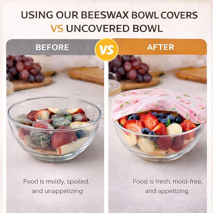 5 PCS Reusable Beeswax Bowl Covers (4"–12"), Breathable Elastic Cotton Bowl Covers for Sourdough Proofing, Dough Rising & Food Storage