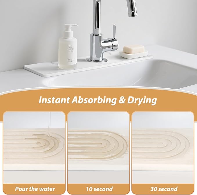 Kitchen Sink Faucet Mat, Diatomaceous Earth Quick Dry Sink Splashback Drying Mat, Kitchen Faucet Super Absorbent Mat, Quick-Drying Water Absorbing Stone Tray (Marble, 23.6" x 3.9")