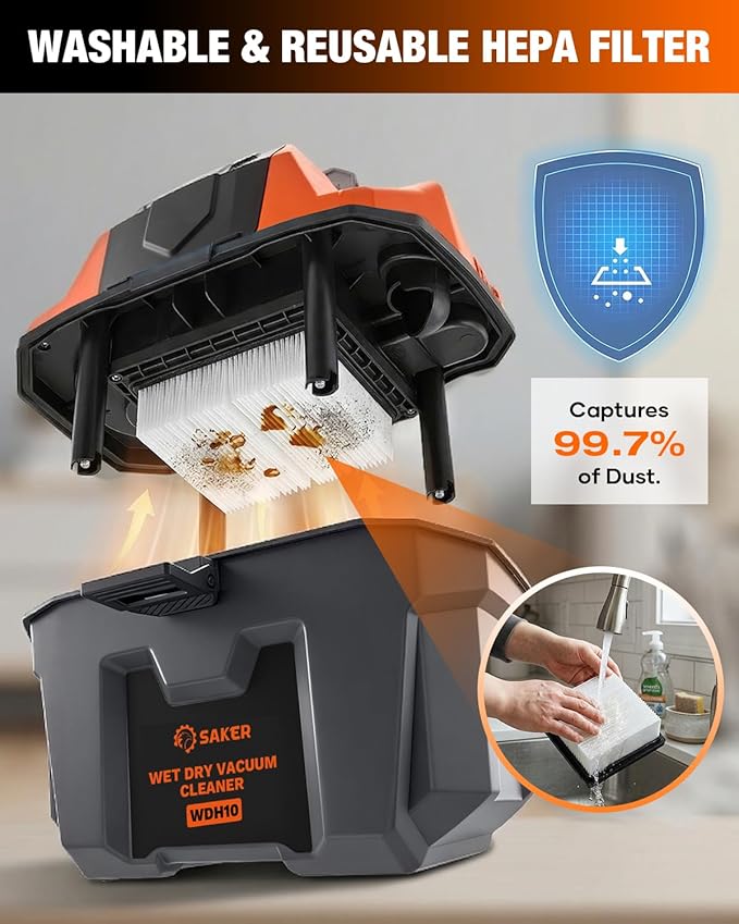 Saker Cordless Wet and Dry Shop Vacuum 17kPa 2.6 Gallon Portable Shop Vacuum Cleaner with Storage Rack, 2×4.0Ah Batteries, Strap, HEPA Filter, 3-in-1 Small Shop Vac for Car, Garage, Workshop