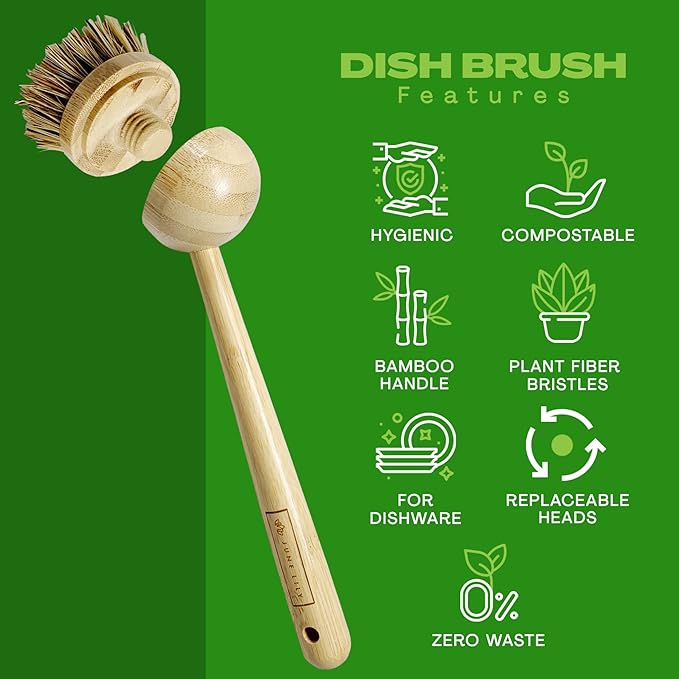 JuneLily Long Coconut Dish Brush Plant-Based Vegan for Kitchen Bathroom Cleaning Produce Washing Dishes (Long Dish Brush)