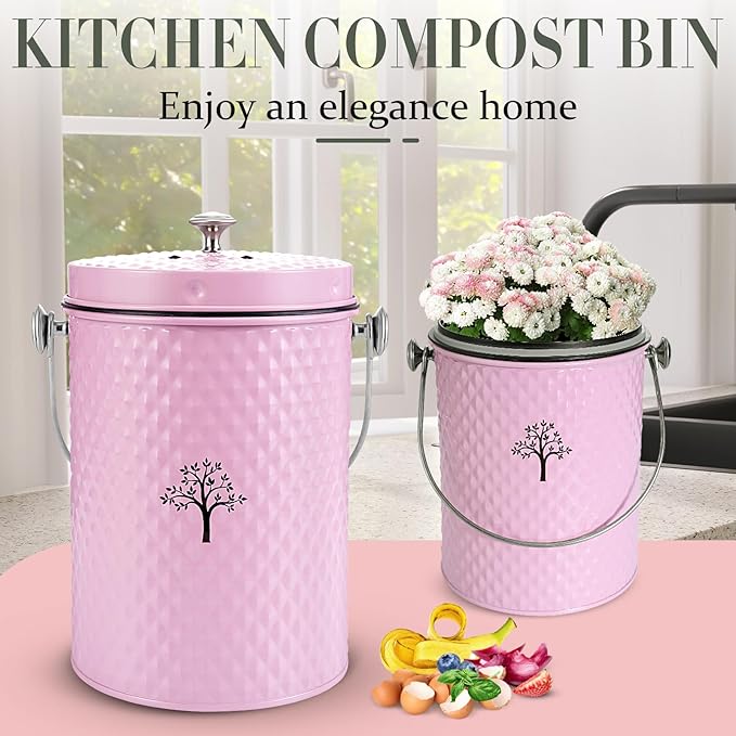 AOSION Countertop Compost Bin Kitchen，Odorless Indoor Compost Bin with Lid and 50 Pack Compost Bags,Compost Bucket Composter Container for Food Waste,Pink