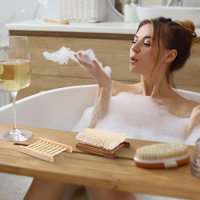 Soap Exfoliating Bag Holder Set Included Bathroom Wooden Soap Dish Pine Wood Soap Holder Tray Natural Bar Soap Pouch Mesh Bath Soap Saver Bag Container (Wood Color, Carbonized Color, 40 Pcs)