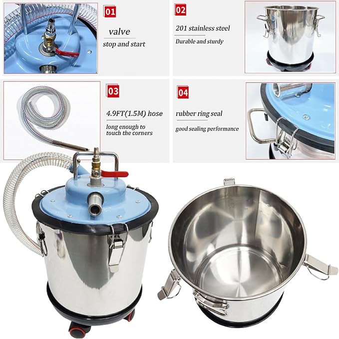 INTBUYING Industrial Pneumatic Vacuum Extractor Wet and Dry for Metal Chips and Oil with Dust Collection Bag 5 Gallon for Workshop Powered by Compressed Air 3700W 5HP 3000CP