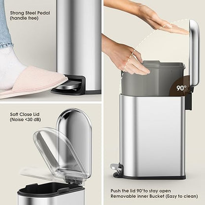 CEROELDA Small Bathroom Trash Can with Lid Soft Close, 5L/1.3 Gallon Stainless Steel Slim Garbage Can, Metal Waste Basket with Step Pedal, for Office, Bedroom, Toilet, Dorm Room (Silver, 1.3 Gallon)