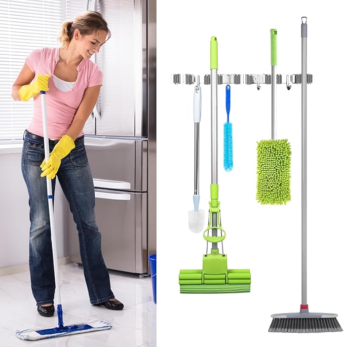 UNIFUN Broom Holder Wall Mount - Heavy Duty Stainless Steel Mop and Broom Organizer with 5 Racks 4 Hooks - Space Saving Storage for Kitchen Garage Garden - Easy Install Tool Hanger
