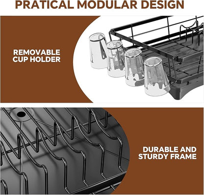 Simple Trending Dish Drying Rack for Kitchen Counter, Stainless Steel Dish Rack, Large Dish Drainer Organizer with Cutlery Holder & Cup Holders, Black