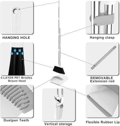 Broom with Dustpan Combo Set, Broom and Dustpan Set for Home Commercial Cleaning Supplies Angle Broom with Long Handle Perfect for Courtyard Garage Street (White)