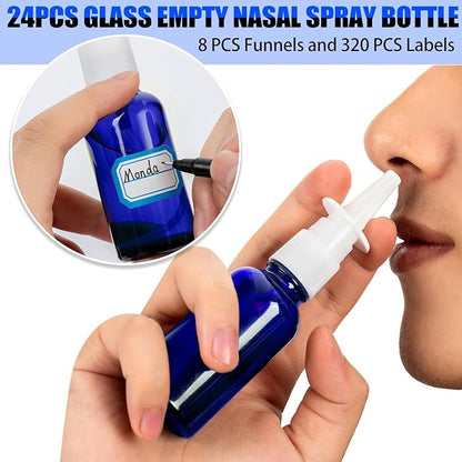 40 Pcs Nasal Spray Bottles, 30ML/1oz Blue Glass Refillable Fine Mist Empty Nasal Spray Bottle with 8 Funnels and 8 Labels